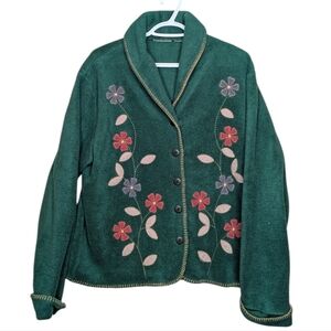 Vintage Floral Embroidered Green Fleece Button Down Cardigan Sweater Jacket L-XL